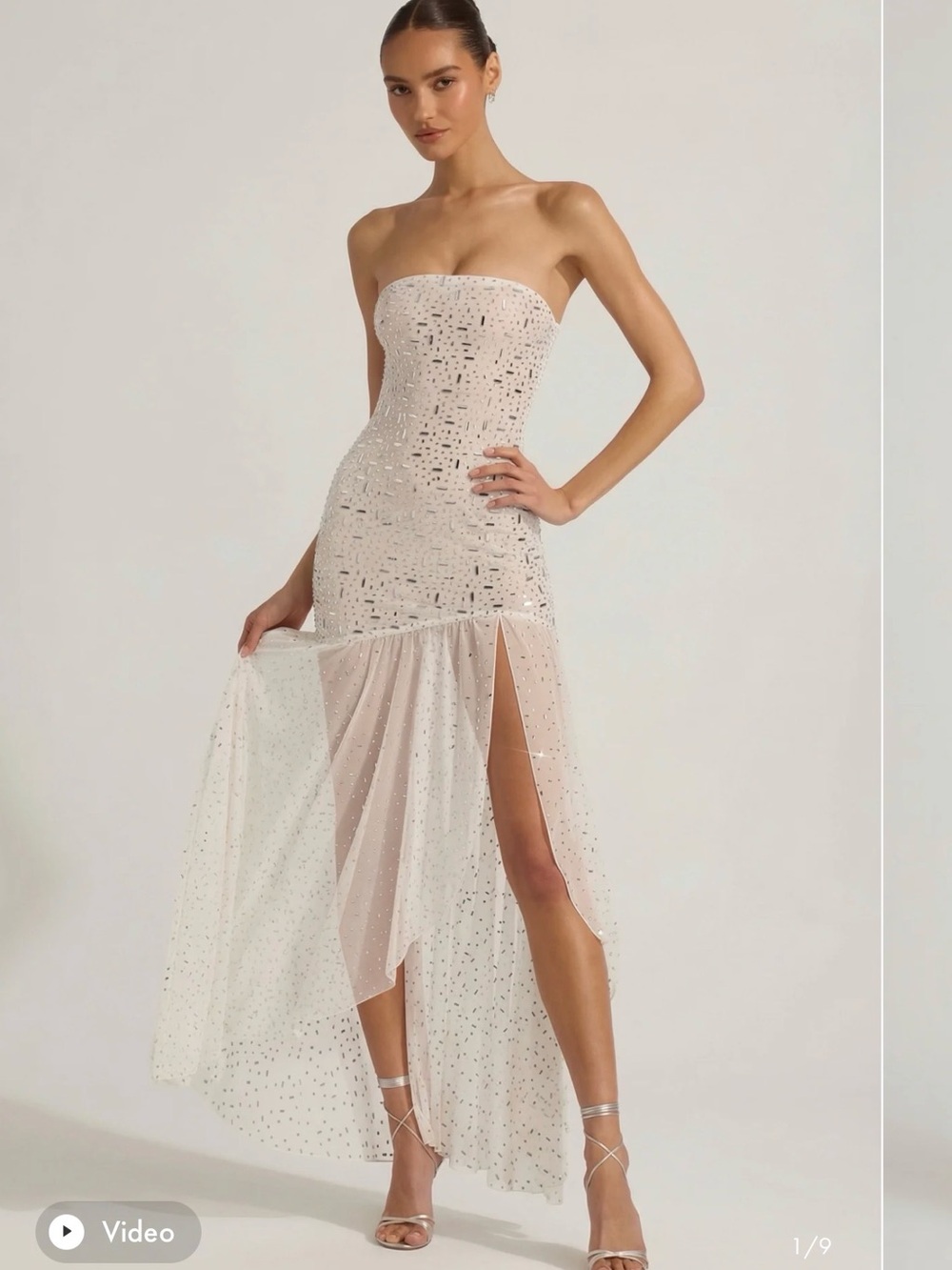 Oh Polly Ivory Strapless High-Low Sequin Gown